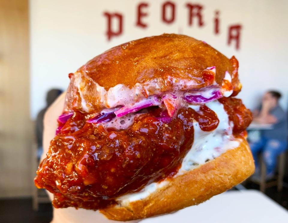 The Hot Moroccan chicken sandwich at Twist features red cabbage slaw and harissa sauce.