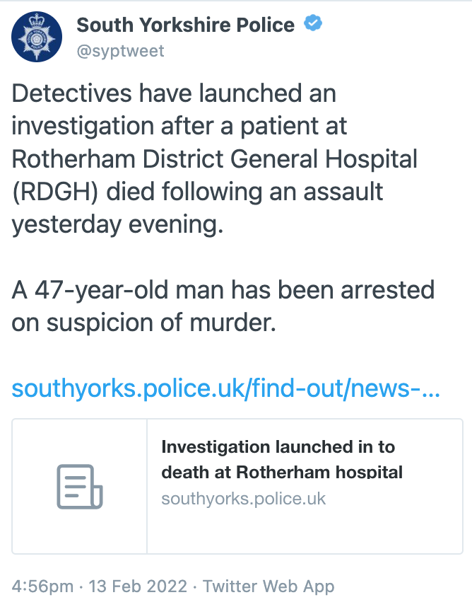 South Yorkshire Police have launched an investigation after a patient died following a fight at Rotherham District General Hospital. (Twitter/South Yorkshire Police)