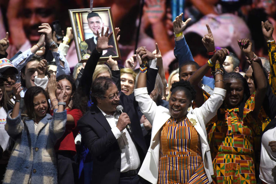 <div class="inline-image__caption"><p>Newly elected President of Colombia Gustavo Petro and Vice-President Francia Marquez of Pacto Historico coalition celebrate after winning the presidential runoff on June 19 in Bogota, Colombia.</p></div> <div class="inline-image__credit">Guillermo Legaria/Getty</div>