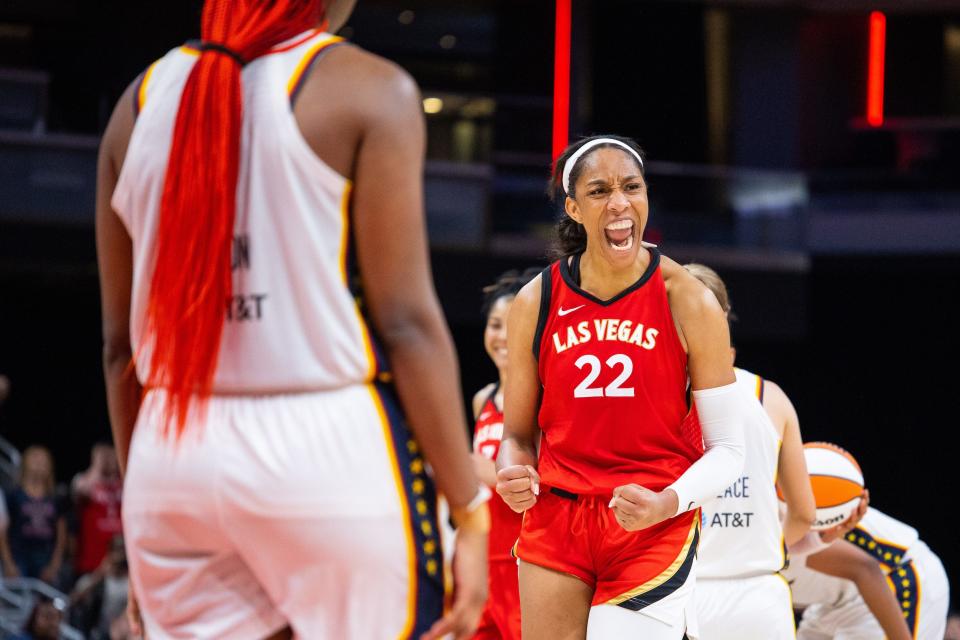 A'ja Wilson celebrates a win with the Las Vegas Aces.