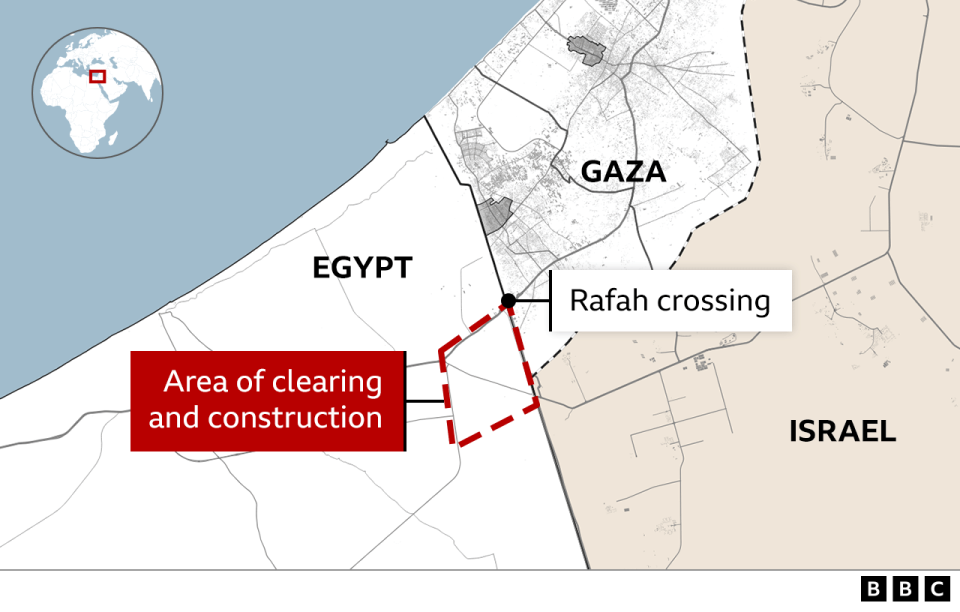 Map showing the clearing and construction area on the Egyptian side of the border with Gaza, near the Rafah crossing point