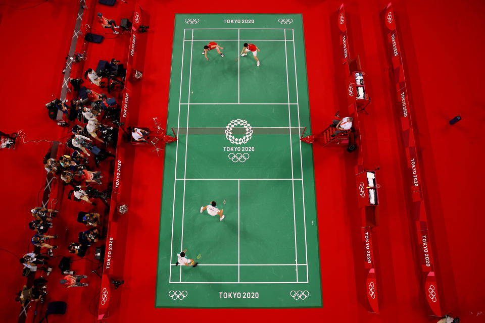 <p>CHOFU, JAPAN - JULY 31: A general view of the badminton court as Li Jun Hui and Liu Yu Chen of Team China compete against Lee Yang and Wang Chi-Lin of Team Chinese Taipei during the Menâs Doubles Gold Medal match on day eight of the Tokyo 2020 Olympic Games at Musashino Forest Sport Plaza on July 31, 2021 in Chofu, Tokyo, Japan. (Photo by Rob Carr/Getty Images)</p> 