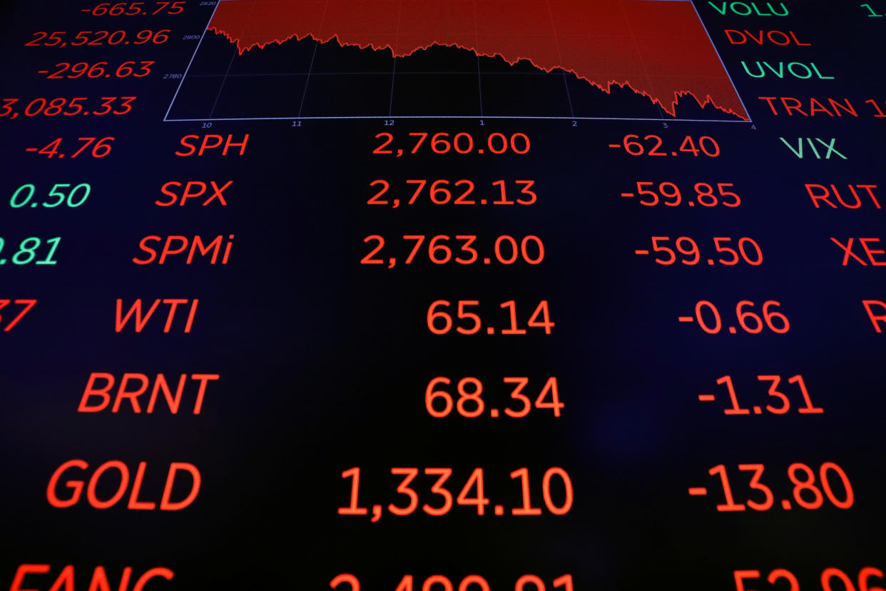 A chart shows the day's losses above the floor of the New York Stock Exchange shortly after the closing bell in New York, U.S., February 2, 2018.  REUTERS/Lucas Jackson