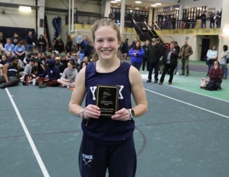 York High School senior Cary Drake won the girls mile (5:25.28) and two-mile (11:54.91) at Friday's Western Maine Conference championship meet at the University of Southern Maine, and was named the meet track MVP.
