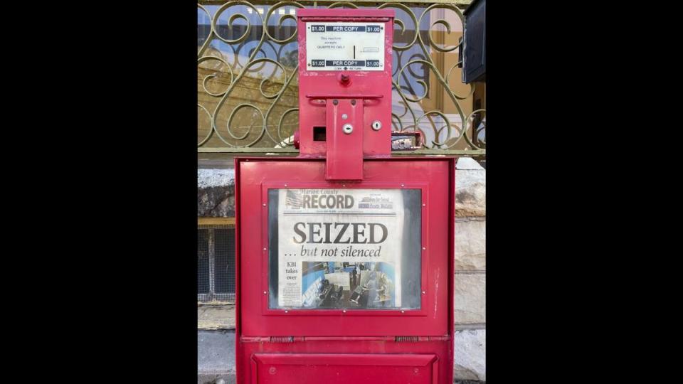 The front page of the Marion County record read “SEIZED...but not silenced” on Wednesday, Aug. 16, 2023, after the newspaper was raided by police days before.