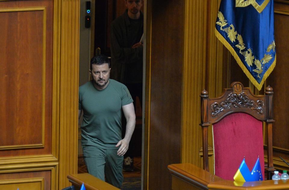 President of Ukraine Volodymyr Zelenskyi enters the Verkhovna Rada hall on July 16, 2023 in Kyiv, Ukraine. (Andrii Nesterenko/Global Images Ukraine via Getty Images)