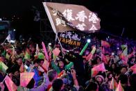 Hong Kong anti-government protesters attend a rally in support of Taiwan President Tsai Ing-wen outside the Democratic Progressive Party (DPP) headquarters in Taipei