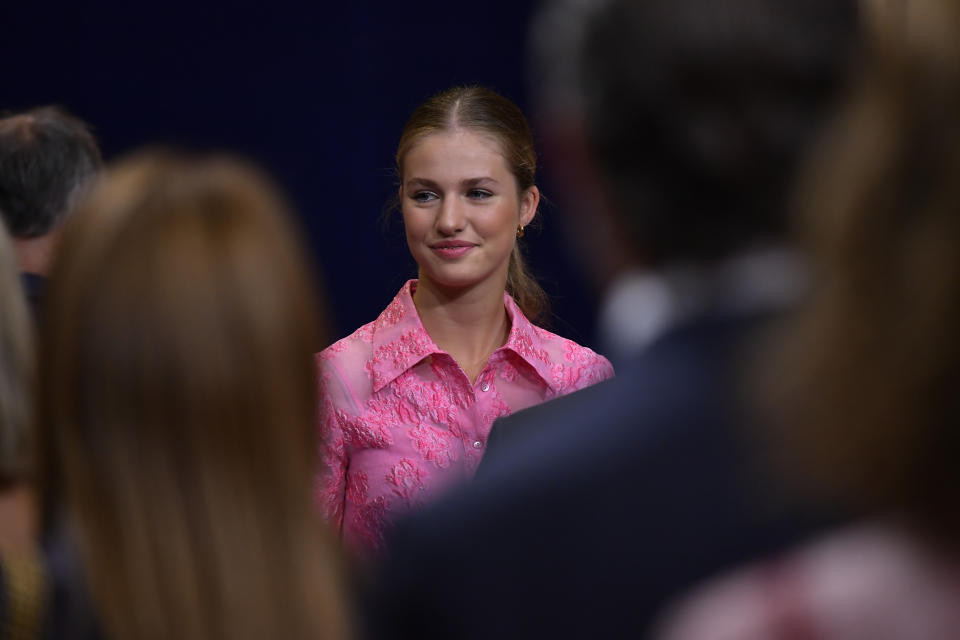 Spain Princess Leonor during a ceremony for the Princess of Asturias awards, in Oviedo, northern Spain, Friday, Oct.20, 2023. (AP Photo/Alvaro Barrientos)