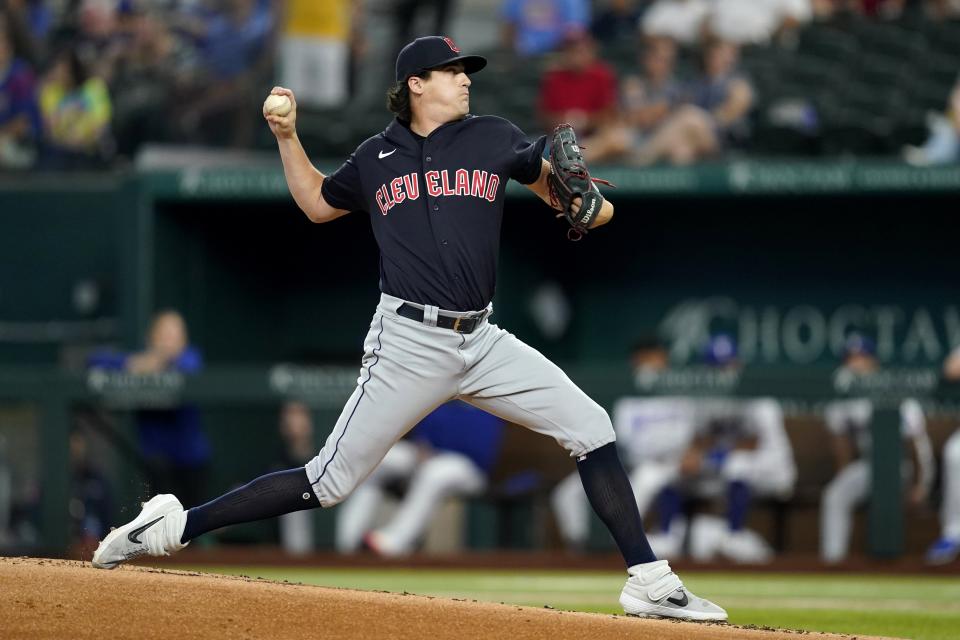 Cleveland Guardians starting pitcher Cal Quantrill throws to the Texas Rangers in the first inning of a baseball game in Arlington, Texas, Saturday, Sept. 24, 2022. (AP Photo/Tony Gutierrez)