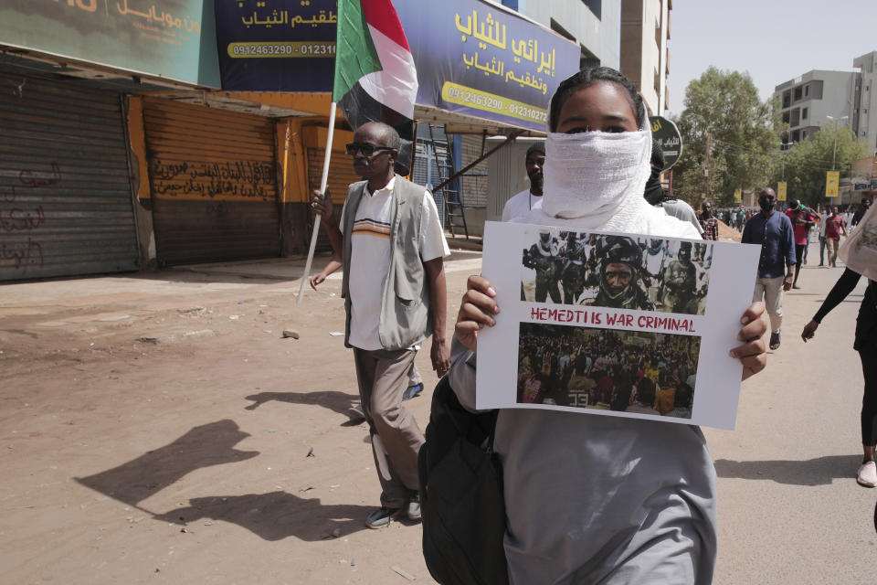 Sudanese anti-coup protesters take part in ongoing demonstrations against the military rule in Khartoum, Sudan, Monday, March.14, 2022. (AP Photo/Marwan Ali)