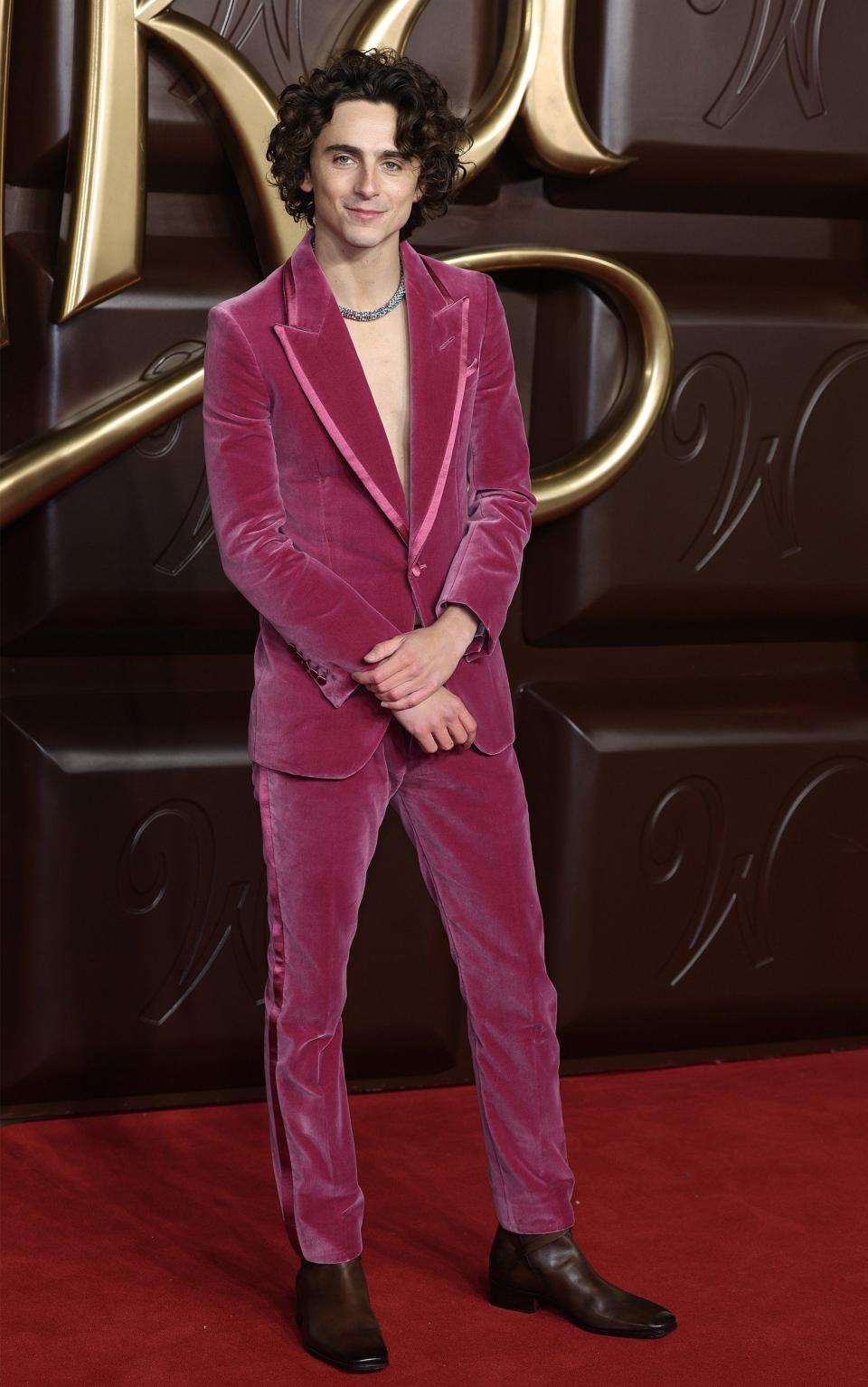Timothée Chalamet in a Tom Ford womenswear suit at the world premiere of Wonka in London, November 28