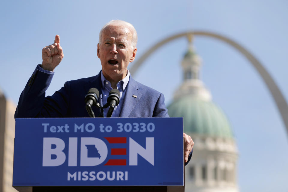 Democratic presidential candidate former Vice President Joe Biden speaks during a campaign rally Saturday, March 7, 2020, in St. Louis. (AP Photo/Jeff Roberson)