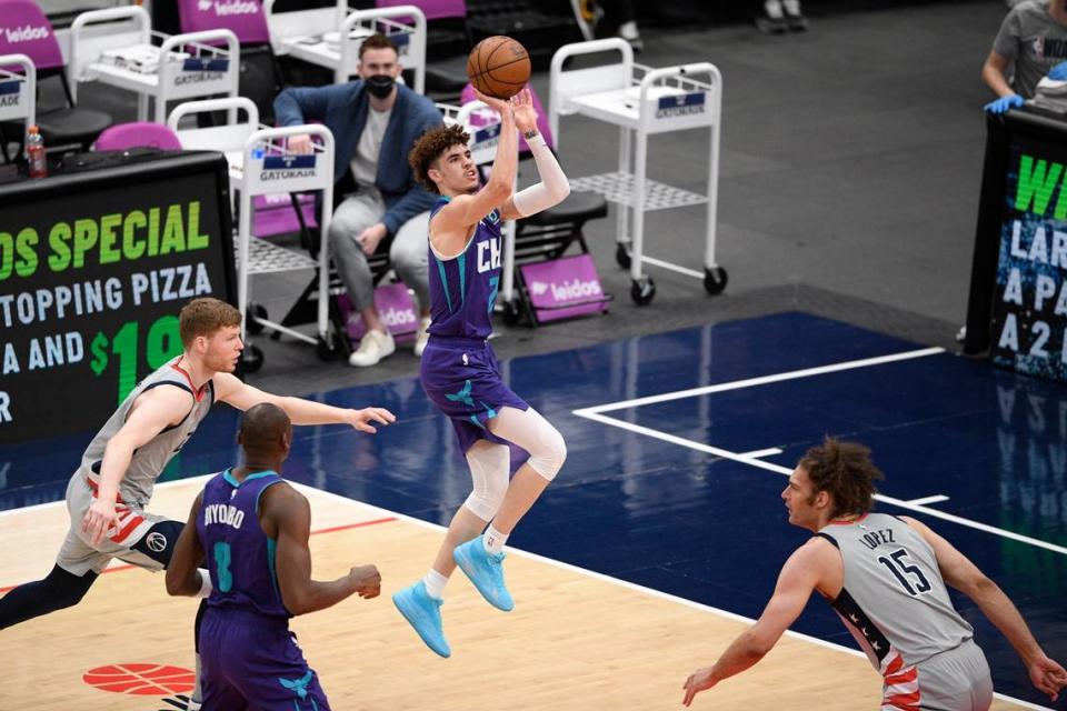 Charlotte Hornets guard LaMelo Ball (2) shoots against Washington Sunday. Ball had eight points in the fourth quarter, but Charlotte ws outscored 36-20 in the period while blowing an 11-point lead.