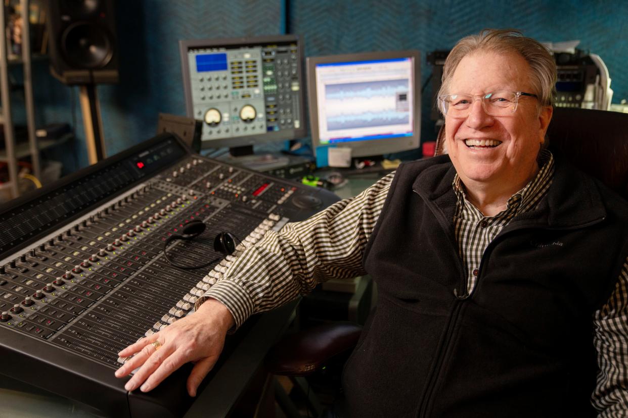 Musician and producer Rick Condon sits for a photo at his studio in Urbandale, Wednesday, March 27, 2024.