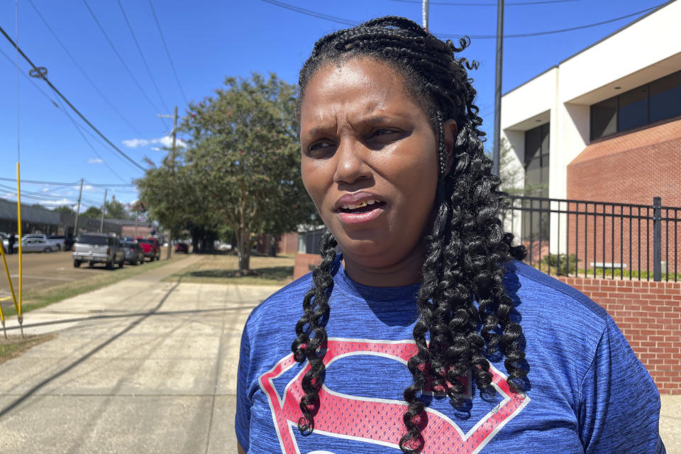 Sharon McClendon says outside the Lincoln County Courthouse in Brookhaven, Miss., on Wednesday, Aug. 16, 2023, that it has been difficult to watch the trial of two men charged in a 2022 incident in which her son, D'Monterrio Gibson, was shot at and chased after he delivered a FedEx package at a home in Brookhaven. She said her 25-year-old son is still traumatized. (AP Photo/Emily Wagster Pettus)
