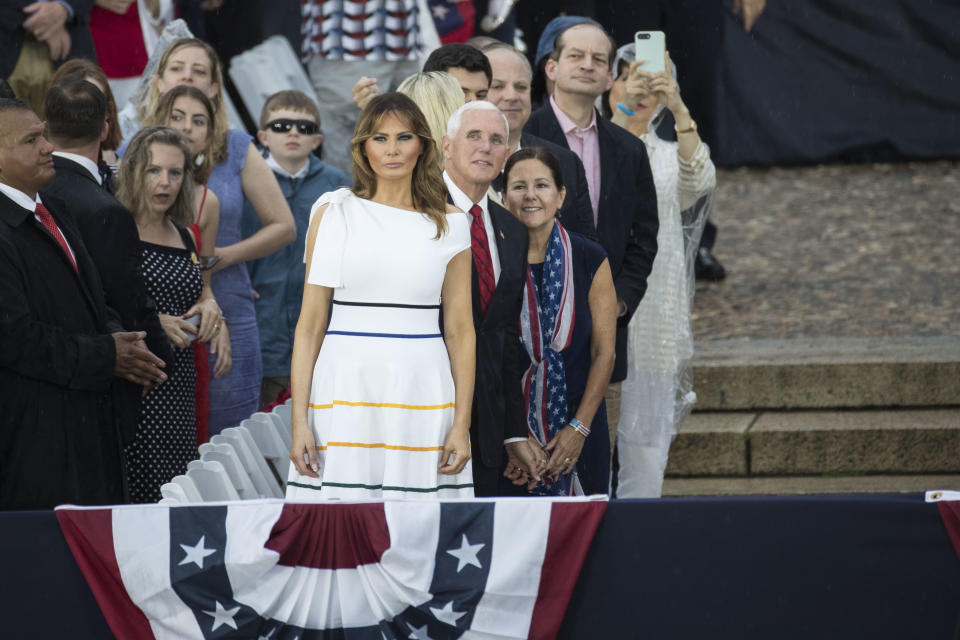 WASHINGTON, DC - JULY 04: First Lady Melania Trump, Vice President Mike Pence, Second Lady Karen Pence and Tiffany Trump watch as military aircraft fly over during the "Salute to America" ceremony in front of the Lincoln Memorial, on July 4, 2019 in Washington, DC. The presentation featured armored vehicles on display, a flyover by Air Force One, and several flyovers by other military aircraft. (Photo by Sarah Silbiger/Getty Images)