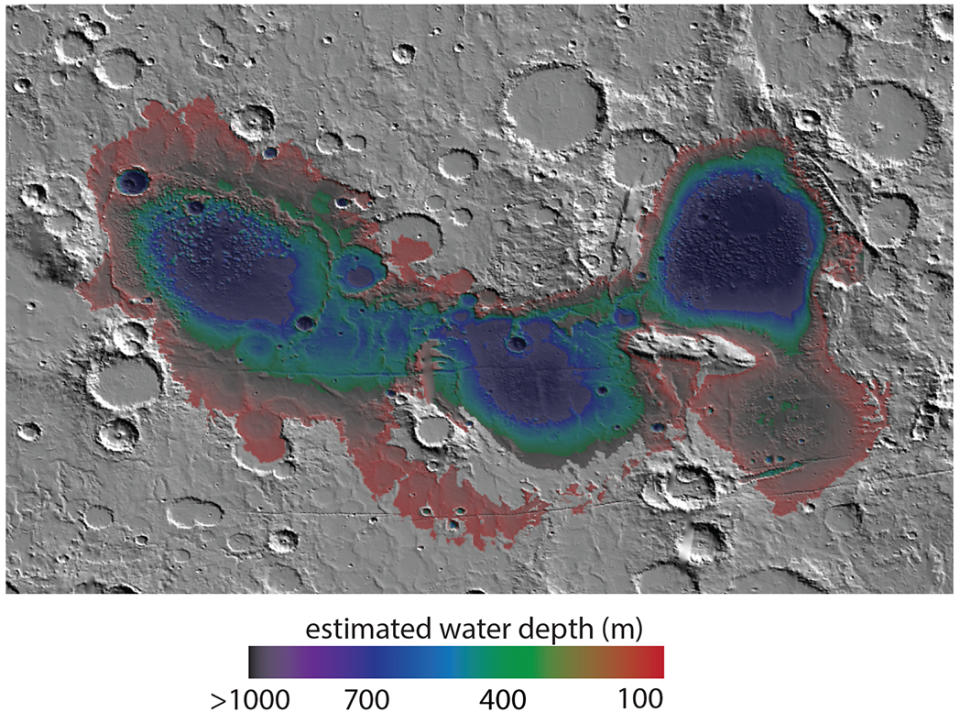 a map of Mars showing various craters and an area marked in red, blue and purple showing the location of an ancient lake.  The different colors correspond to different depths