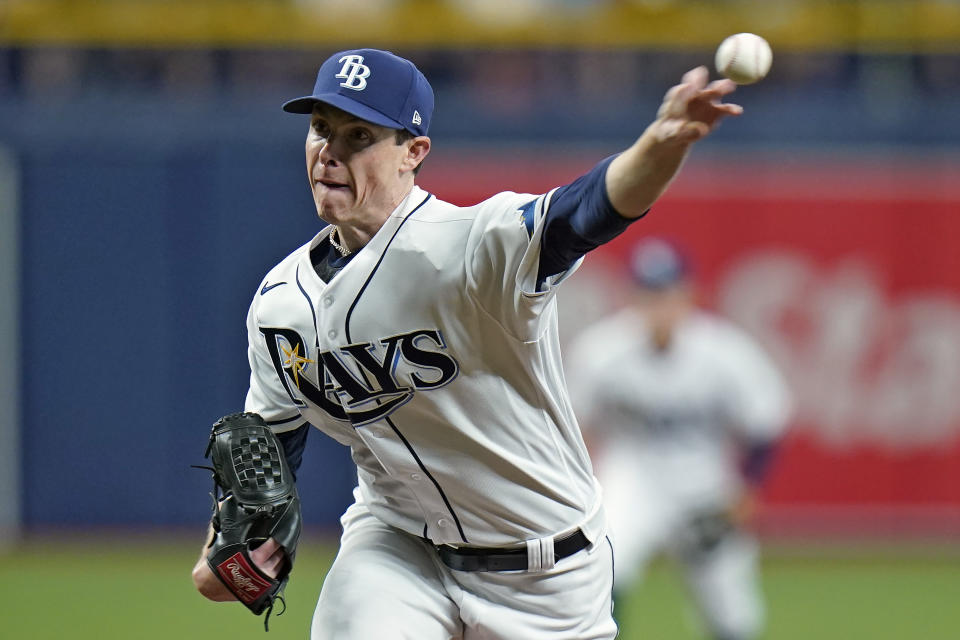 Tampa Bay Rays starting pitcher Ryan Yarbrough delivers to the Baltimore Orioles during the first inning of a baseball game Friday, June 11, 2021, in St. Petersburg, Fla. (AP Photo/Chris O'Meara)