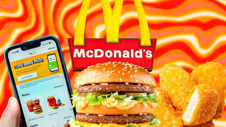 McDonald's sign, app, Big Mac, and chicken nuggets