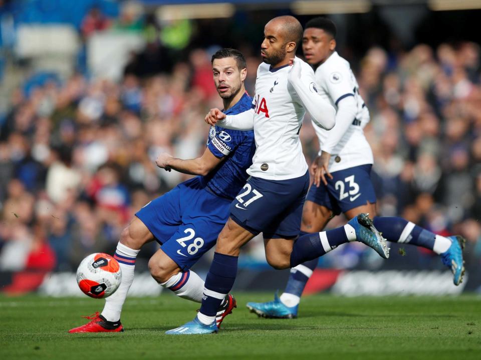 Chelsea's Cesar Azpilicueta in action with Tottenham Hotspur's Lucas Moura: REUTERS