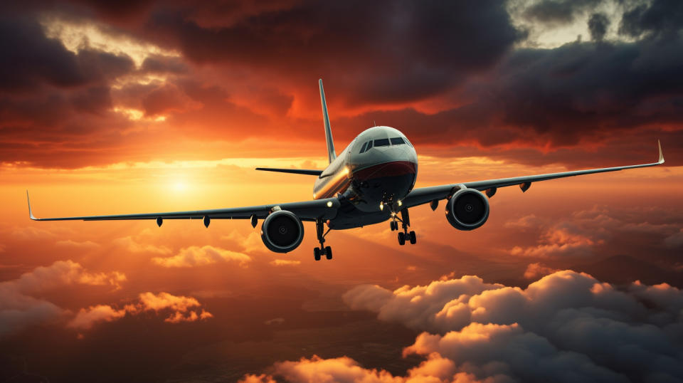 A commercial jetliner, flying high against the backdrop of a dramatic sunrise.