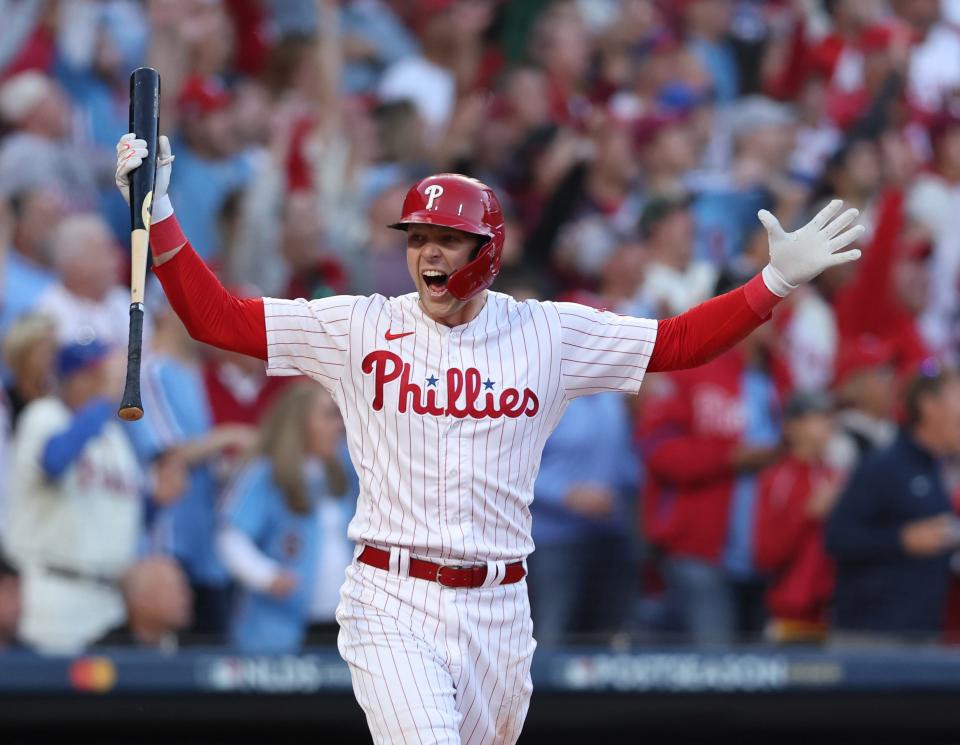 Philadelphia Phillies first baseman Rhys Hoskins celebrates after hitting a three-run home run against the Atlanta Braves during the 3rd inning in game three of the NLDS for the 2022 MLB Playoffs at Citizens Bank Park.