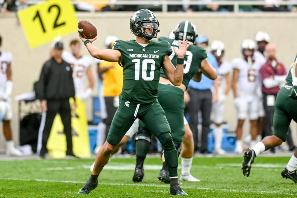 Michigan State's Payton Thorne throws against Minnesota during the fourth quarter on Saturday, Sept. 24, 2022, at Spartan Stadium in East Lansing.