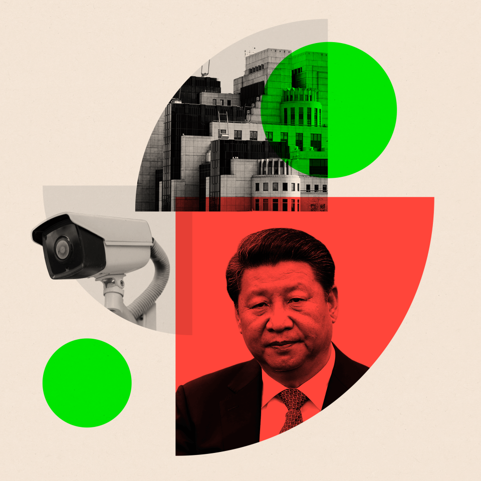 Montage showing a CCTV camera, the MI6 building and Chinese President Xi Jinping
