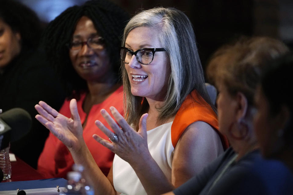 FILE - Arizona Secretary of State Katie Hobbs speaks at a roundtable event in Phoenix, Monday, Sept. 19, 2022. Hobbs was elected Arizona governor on Monday, Nov. 14 defeating Republican rival Kari Lake. (AP Photo/Ross D. Franklin, File)