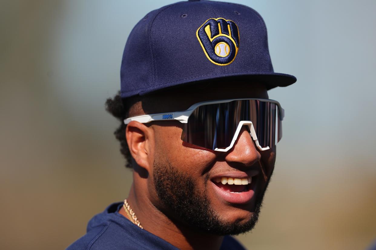 PHOENIX, ARIZONA - FEBRUARY 22: Jackson Chourio #11 of the Milwaukee Brewers looks on during a spring training workout at American Family Fields of Phoenix on February 22, 2024 in Phoenix, Arizona. (Photo by Michael Reaves/Getty Images)