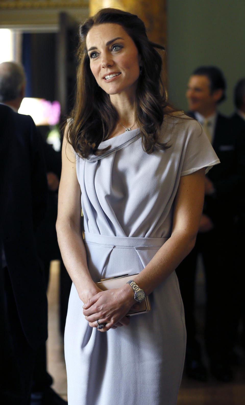 The Duchess of Cambridge in a lilac dress at a reception at Spencer House in London. 