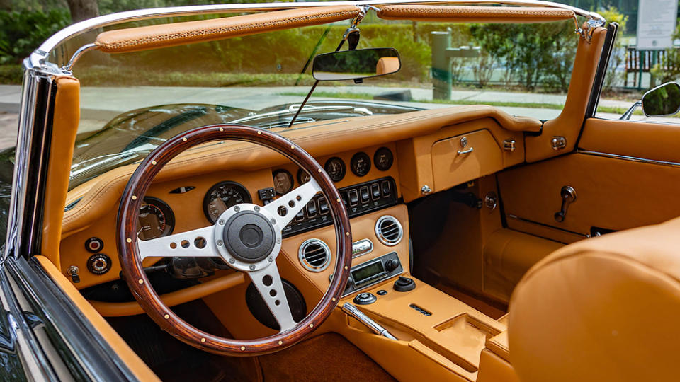 The interior of a reimagined Jaguar E-Type restomod from Florida-based E.C.D. Automotive Design.