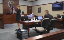 Michigan Assistant Attorney General Danielle Hagaman-Clark makes her closing statement as William Strampel, the ex-dean of MSU's College of Osteopathic Medicine and former boss of Larry Nassar, appears for trial before Judge Joyce Draganchuk at Veterans Memorial Courthouse in Lansing, Mich., on Tuesday, June 11, 2019. Strampel is charged with four counts including second-degree criminal sexual conduct, misconduct in office and willful neglect of duty. (J. Scott Park/Jackson Citizen Patriot via AP)