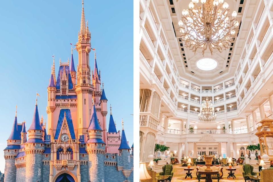 Disney World Magic Kingdom and the interior Lobby of a Disney World Resort Hotel