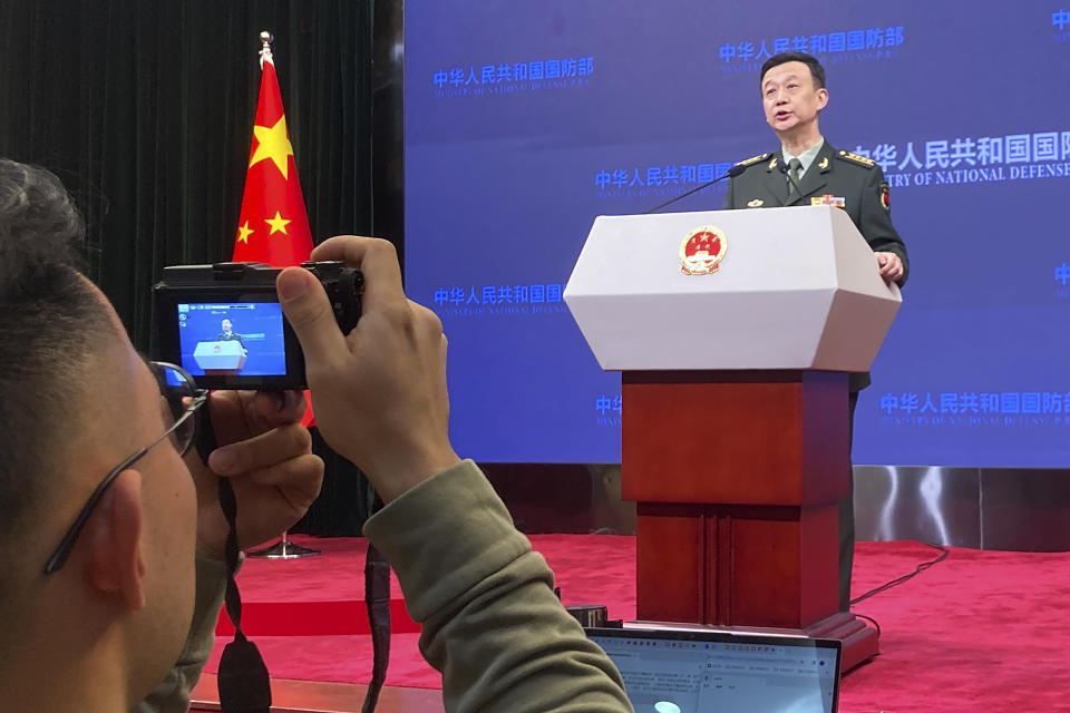 Defense Ministry spokesperson Wu Qian speaks during a press conference in Beijing on Thursday, Jan. 25, 2024. China has accused the U.S. of abusing international law with its military maneuvers in the western Pacific, one day after an American naval destroyer sailed through the politically sensitive Taiwan Strait. (AP Photo/Ken Moritsugu)