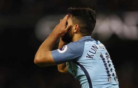 Britain Soccer Football - Manchester City v Manchester United - Premier League - Etihad Stadium - 27/4/17 Manchester City's Sergio Aguero looks dejected Action Images via Reuters / Jason Cairnduff Livepic