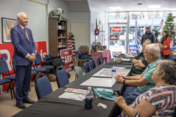 FILE: Asa Hutchinson, governor of Arkansas, speaks during a campaign event at the Muscatine County GOP headquarters in Muscatine, Iowa, US, on Thursday, May 18, 2023.&nbsp; / Credit: Photographer: Rachel Mummey/Bloomberg via Getty Images