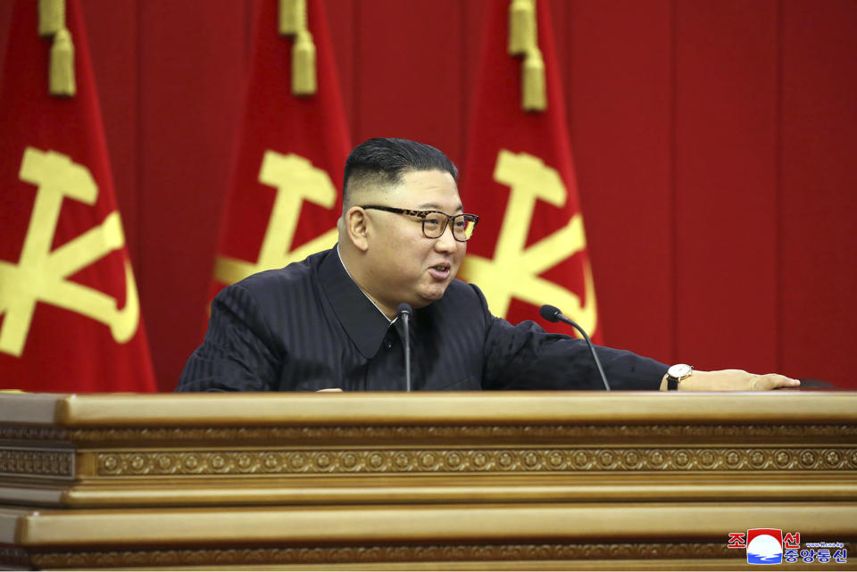 In this photo provided by the North Korean government, North Korean leader Kim Jong Un attends a Workers' Party meeting in Pyongyang, North Korea, Friday, June 18, 2021. Kim ordered his government to be prepared for both dialogue and confrontation with the Biden administration — but more for confrontation — state media reported Friday, days after the United States and others urged the North to abandon its nuclear program and return to talks. Independent journalists were not given access to cover the event depicted in this image distributed by the North Korean government. The content of this image is as provided and cannot be independently verified. (Korean Central News Agency/Korea News Service via AP)