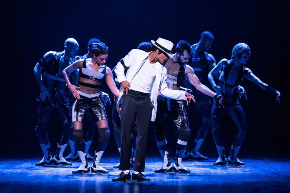 Myles Frost, center, won a Tony Award for his performance as Michael Jackson in the Broadway musical “MJ.”