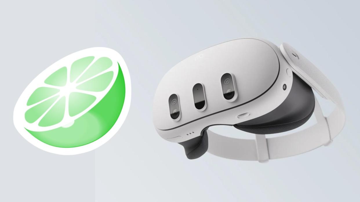  The CitraVR logo (a half of a lime) floating next to the Meta Quest 3 VR headset. 