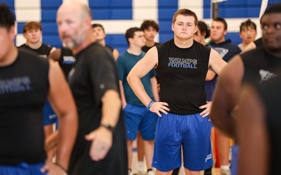 Braintree's James Curry looks on during a football practice inside the Braintree High gymnasium on Monday, August 19, 2024.