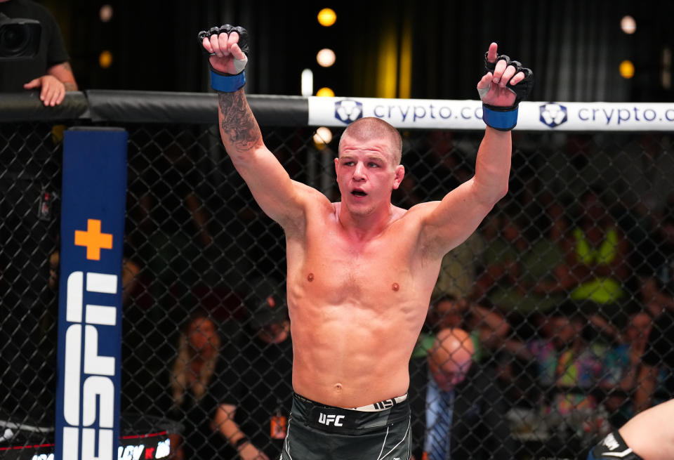 LAS VEGAS, NEVADA - JULY 01: Grant Dawson reacts after the conclusion of his lightweight fight against Damir Ismagulov of Russia during the UFC Fight Night event at UFC APEX on July 01, 2023 in Las Vegas, Nevada. (Photo by Chris Unger/Zuffa LLC via Getty Images)