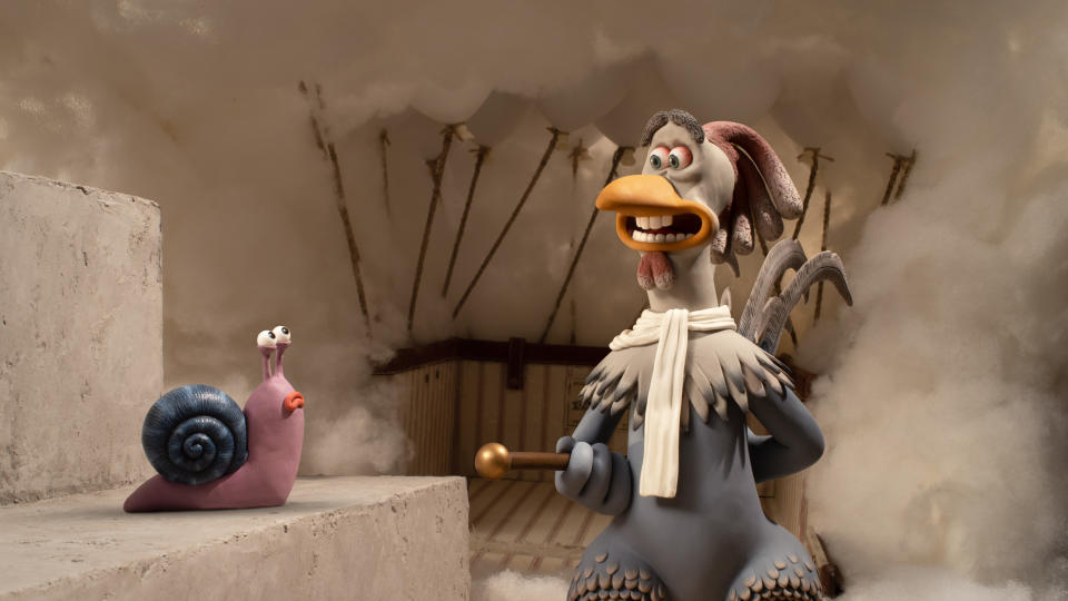 Chicken Run: Dawn of the Nugget. Fowler (David Bradley) tells his stories to a not so captivated audience. Chicken Run: Dawn of the Nugget coming to Netflix on 15th December. Cr. Courtesy of Netflix © 2023