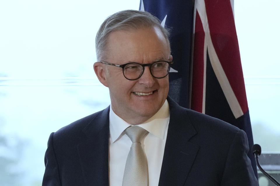 FILE - Australian Prime Minister Anthony Albanese smiles at the end of a press conference in Sydney, July 4, 2023. Albanese said on Monday, June 10, 2024, the opposition would renege on the nation's ambitious target to reduce greenhouse gas emissions by 2030 if the conservative party wins elections due within a year. (AP Photo/Rick Rycroft, File)