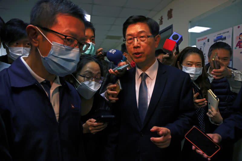 Foxconn Chairman Liu Young-way speaks to the media reporters after an investor conference at the company's office building in Taipei