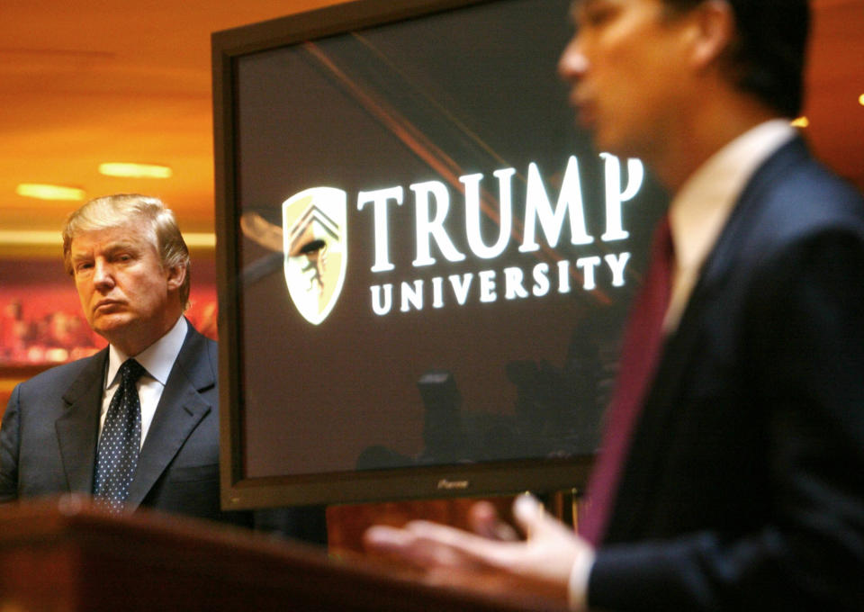 President-elect Donald Trump at a Trump University event. The defunct “university” is being addressed in court later this month in a fraud case. Source: AP