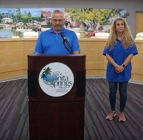 Bonita Springs' deputy mayor, Mike Gibson, speaks during a Facebook Live update about Hurricane Ian Sunday. City Manager Arleen Hunter (right) also spoke during the virtual event.