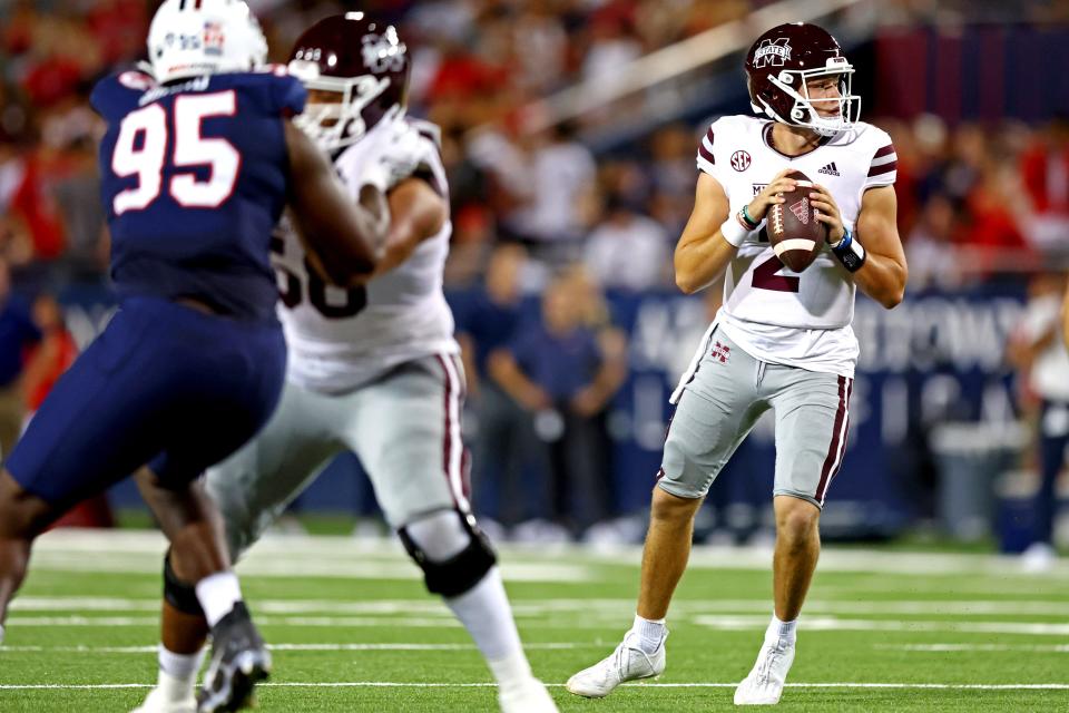 Sep 10, 2022; Tucson, Arizona, USA; Mississippi State Bulldogs quarterback Will Rogers (2) drops back to pass during the first half against the Arizona Wildcats at Arizona Stadium. Mandatory Credit: Mark J. Rebilas-USA TODAY Sports