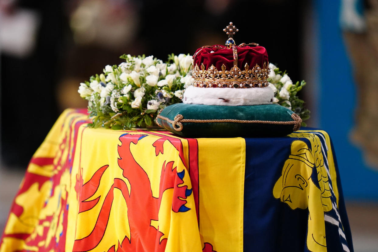 EDINBURGH, SCOTLAND - SEPTEMBER 12: The Crown of Scotland sits atop the coffin of Queen Elizabeth II during a Service of Prayer and Reflection for her life at St Giles' Cathedral on September 12, 2022 in Edinburgh, Scotland. (Photo Jane Barlow - WPA Pool/Getty Images)