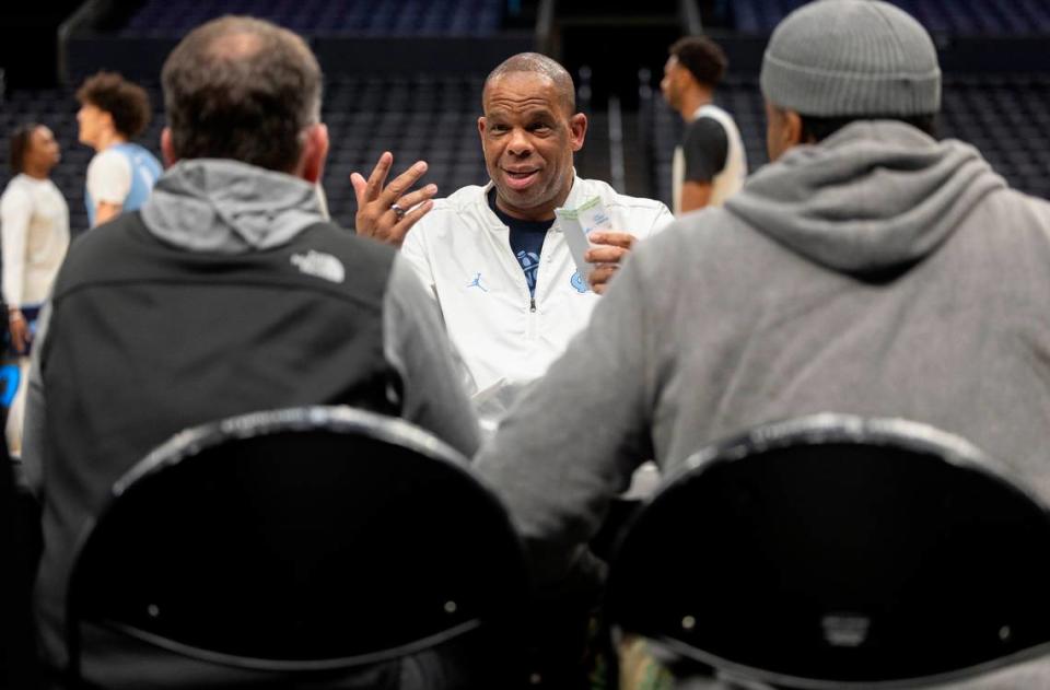 North Carolina’s R.J. Davis (4) does an interview during the Tar Heels’ open practice on Wednesday, March 27, 2024 at Crypto.com Arena in Los Angeles, CA.